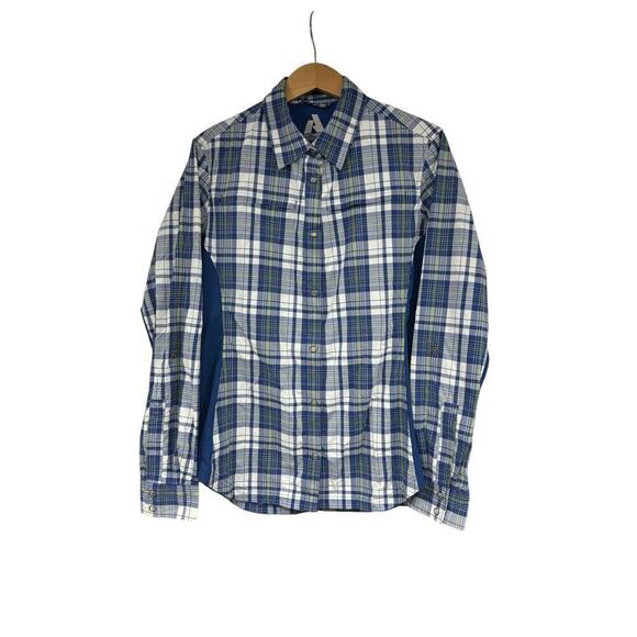 Eddie Bauer First Ascent Navy Green Plaid Snap Hiking Shirt Womens Large Tall - Picture 1 of 6